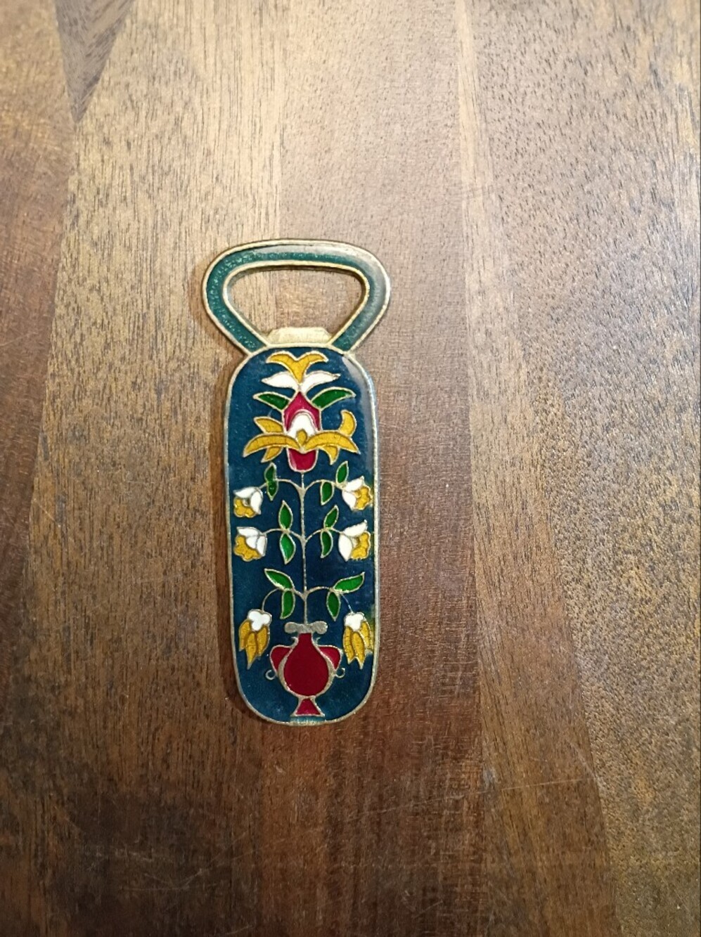 Vintage Cloisonné Floral Brass Bottle Opener Blue Enamel Barware 4.5"